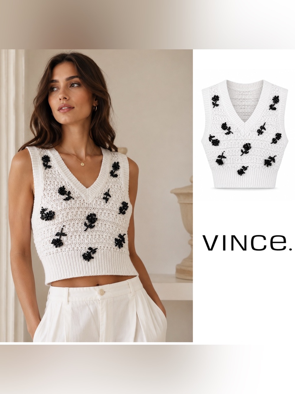 NEW Vince White Crochet V-Neck Jeweled Floral Knit Vest